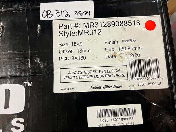 [Open Box] Method 312 - Matte Black 18x9, 8x180, +18mm (Single Wheel)